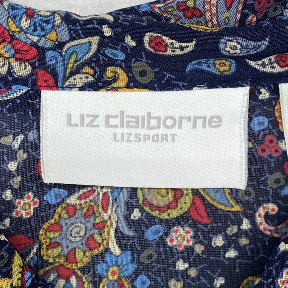 LIZ CLAIBORNE LIZSPORT Top L Floral Paisley Shirt Button Front Rayon Blue - Picture 9 of 13